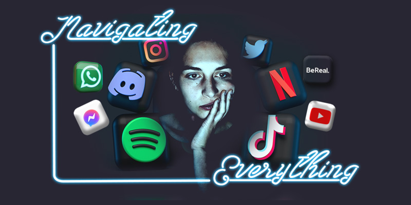 Teen girl surrounded by social apps and screen time